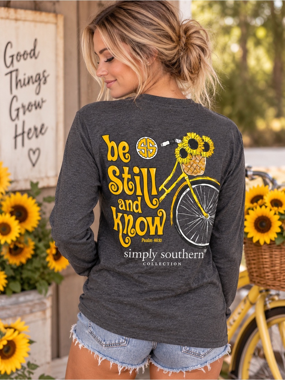Simply Southern Long Sleeve Shirt Small Be Still & Know Sunflower Bicycle